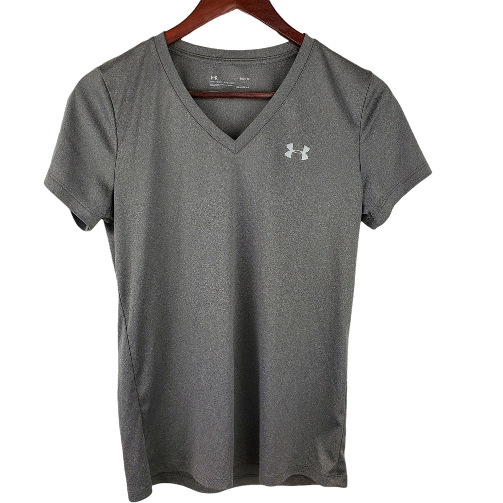 Under Armour Women's Sz M Loose Heatgear Gray Short Sleeve V Neck Top